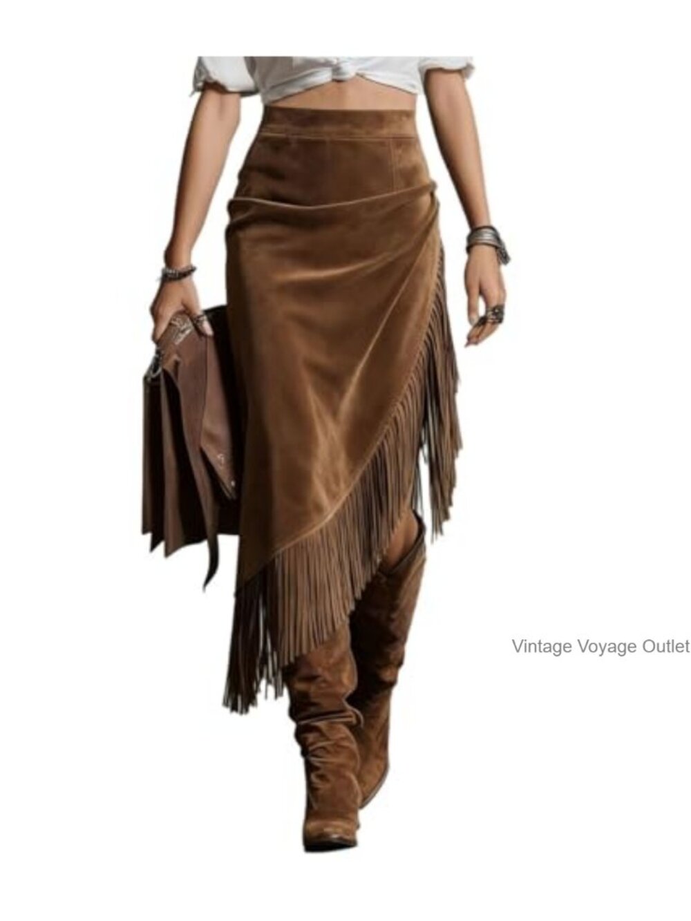 Faux Suede Midi Skirt High Waist Asymmetric Tassel Hem Vintage Western